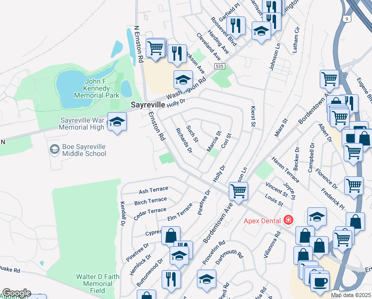 map of restaurants, bars, coffee shops, grocery stores, and more near 55 Such Street in Sayreville
