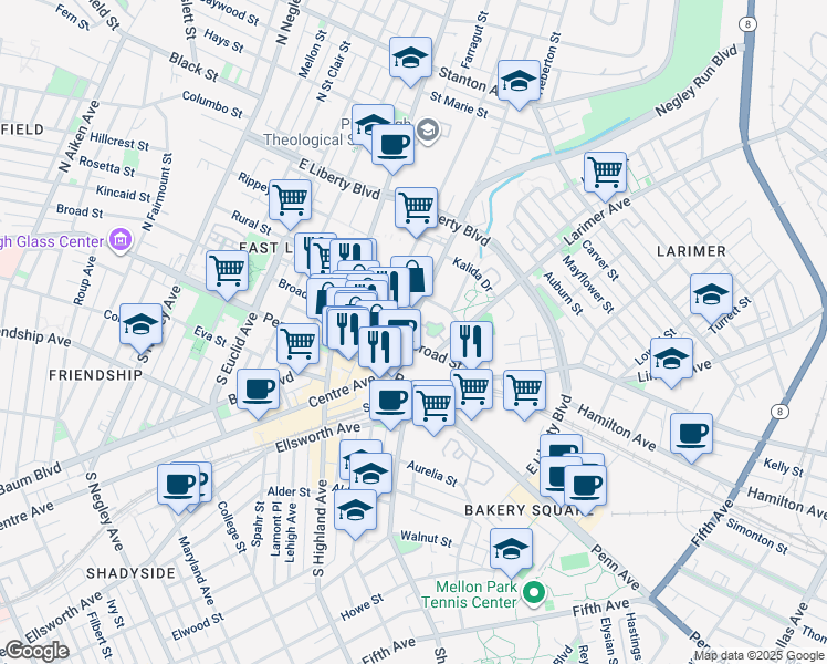 map of restaurants, bars, coffee shops, grocery stores, and more near 6201 Broad Street in Pittsburgh
