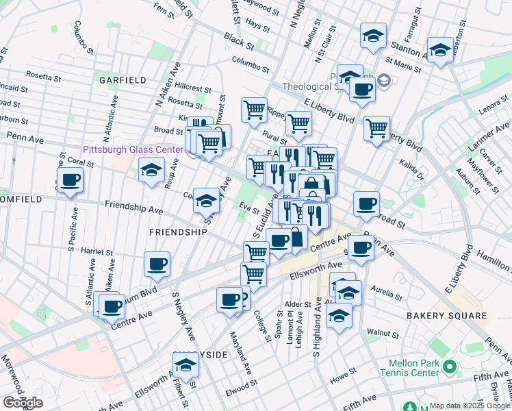 map of restaurants, bars, coffee shops, grocery stores, and more near 141 South Saint Clair Street in Pittsburgh