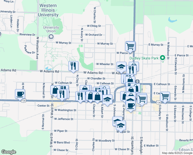 map of restaurants, bars, coffee shops, grocery stores, and more near 436 West Chandler Street in Macomb