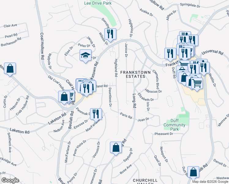 map of restaurants, bars, coffee shops, grocery stores, and more near 102 Dauntless Drive in Pittsburgh