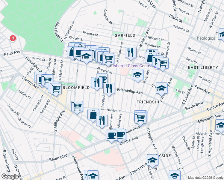 map of restaurants, bars, coffee shops, grocery stores, and more near 246 South Atlantic Avenue in Pittsburgh