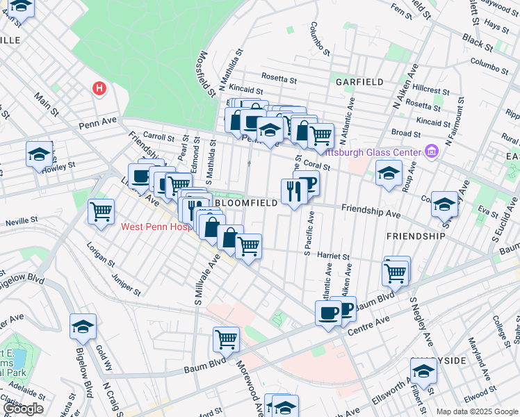 map of restaurants, bars, coffee shops, grocery stores, and more near in Pittsburgh