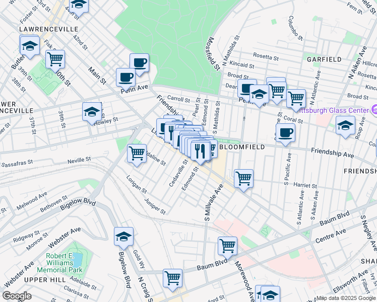 map of restaurants, bars, coffee shops, grocery stores, and more near 214 Cedarville Street in Pittsburgh
