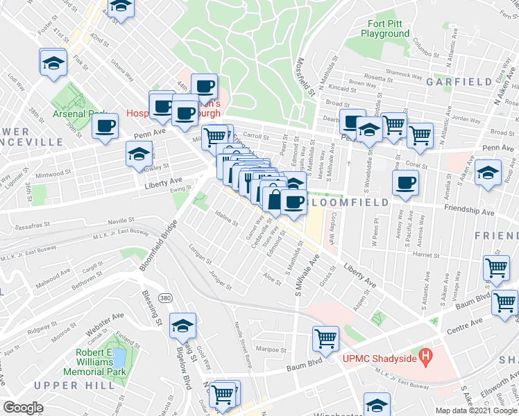 map of restaurants, bars, coffee shops, grocery stores, and more near 4623 Liberty Avenue in Pittsburgh