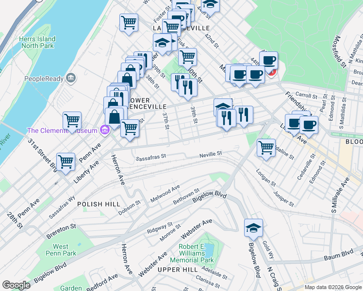 map of restaurants, bars, coffee shops, grocery stores, and more near 3809 Liberty Avenue in Pittsburgh