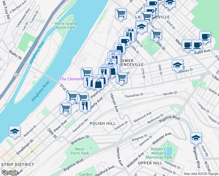 map of restaurants, bars, coffee shops, grocery stores, and more near 3407 Ligonier Street in Pittsburgh