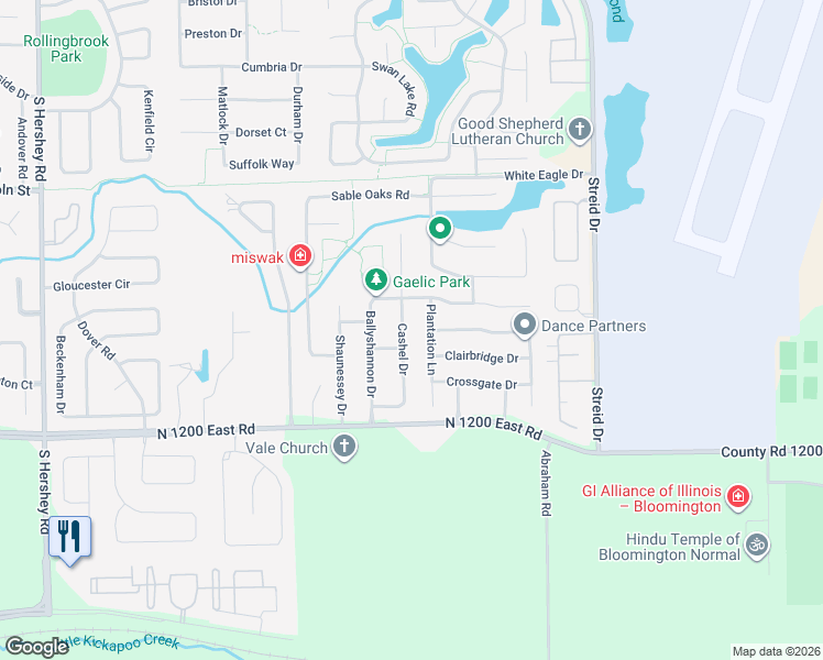 map of restaurants, bars, coffee shops, grocery stores, and more near 1301 Cashel Drive in Bloomington