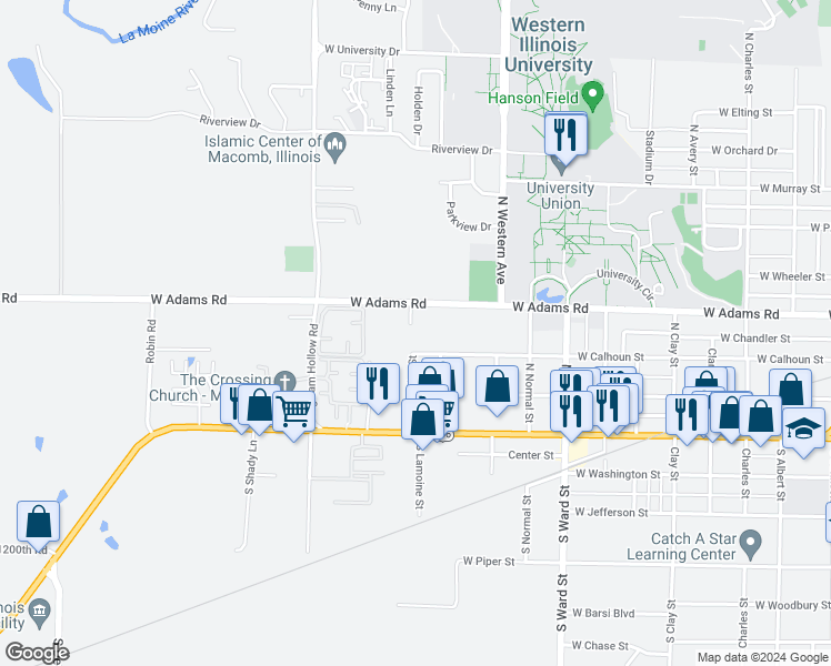 map of restaurants, bars, coffee shops, grocery stores, and more near 378 Eggers Drive in Macomb