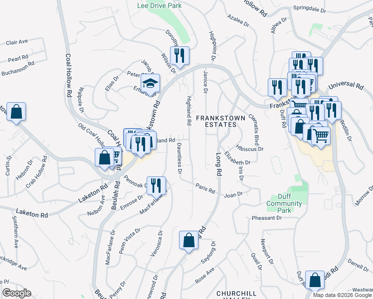map of restaurants, bars, coffee shops, grocery stores, and more near 102 Dauntless Drive in Pittsburgh
