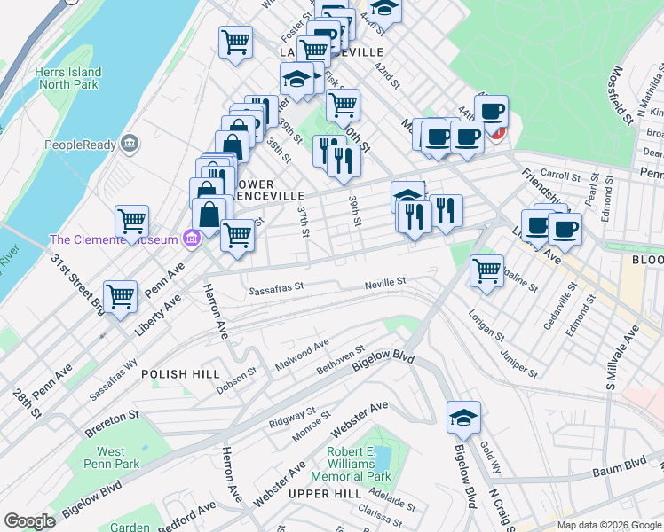 map of restaurants, bars, coffee shops, grocery stores, and more near 3809 Liberty Avenue in Pittsburgh