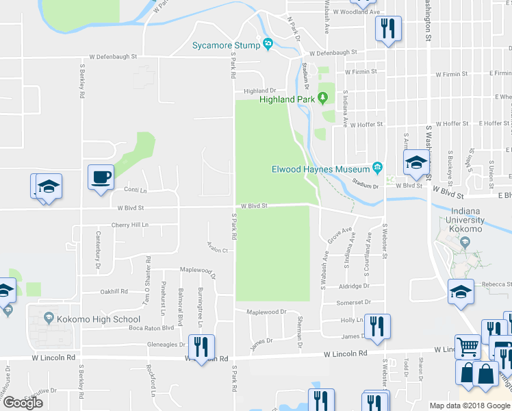 map of restaurants, bars, coffee shops, grocery stores, and more near 1024 West Boulevard in Kokomo