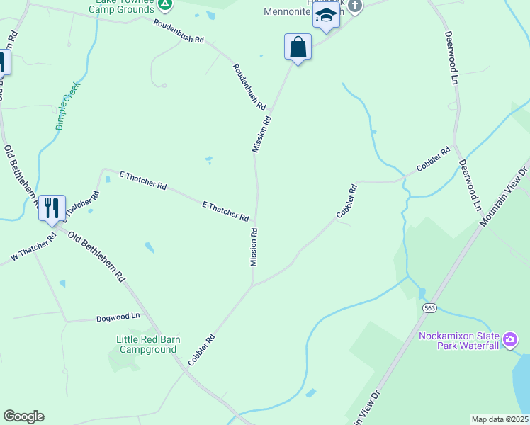 map of restaurants, bars, coffee shops, grocery stores, and more near 1408 Mission Road in Quakertown