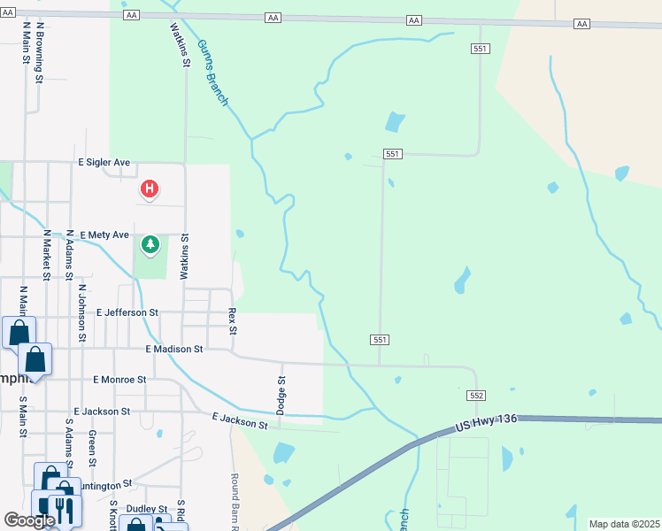 map of restaurants, bars, coffee shops, grocery stores, and more near 19074 County Road 551 in Memphis