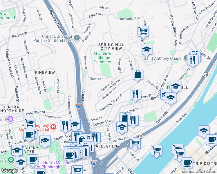 map of restaurants, bars, coffee shops, grocery stores, and more near 52 Leister Street in Pittsburgh
