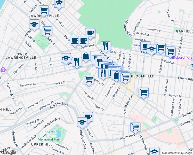 map of restaurants, bars, coffee shops, grocery stores, and more near 4518 Liberty Avenue in Pittsburgh