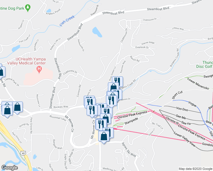 map of restaurants, bars, coffee shops, grocery stores, and more near 1765 River Queen Lane in Steamboat Springs
