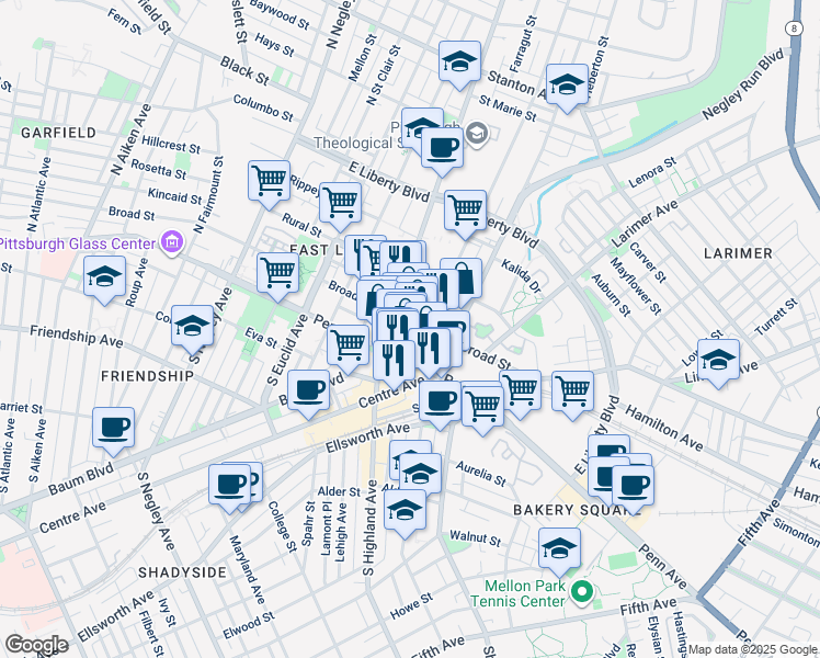 map of restaurants, bars, coffee shops, grocery stores, and more near 6066 Harvard Street in Pittsburgh