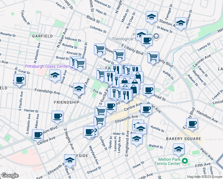 map of restaurants, bars, coffee shops, grocery stores, and more near 5807 Penn Avenue in Pittsburgh
