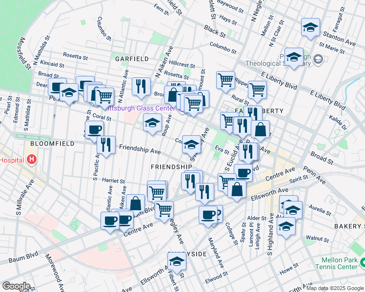 map of restaurants, bars, coffee shops, grocery stores, and more near 160 South Fairmount Street in Pittsburgh