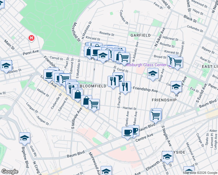 map of restaurants, bars, coffee shops, grocery stores, and more near 273 South Winebiddle Street in Pittsburgh