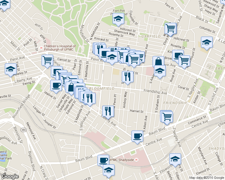 map of restaurants, bars, coffee shops, grocery stores, and more near 273 South Winebiddle Street in Pittsburgh