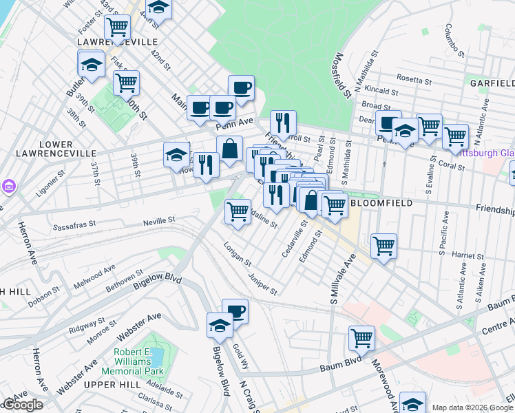 map of restaurants, bars, coffee shops, grocery stores, and more near 4518 Liberty Avenue in Pittsburgh