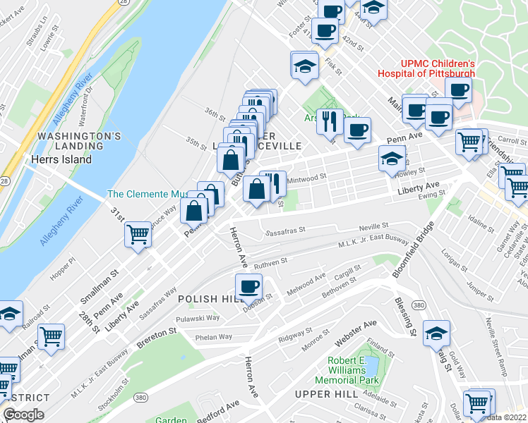map of restaurants, bars, coffee shops, grocery stores, and more near 3500 Denny Street in Pittsburgh