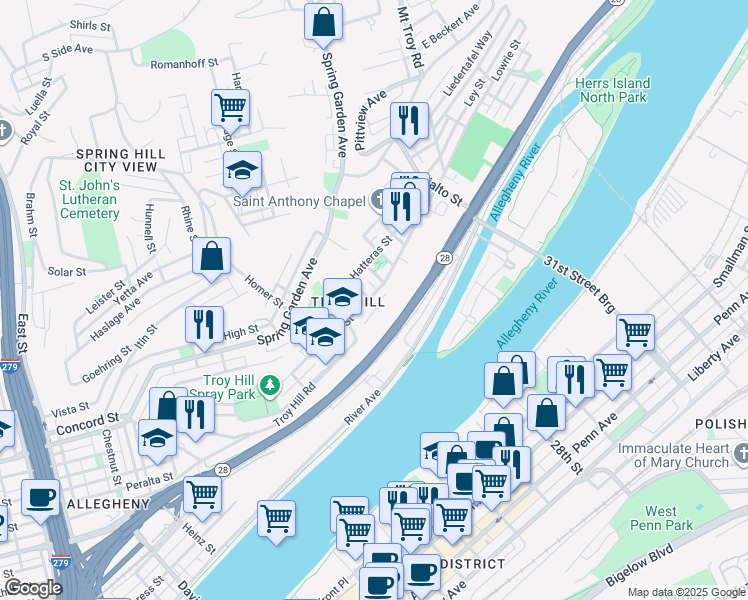 map of restaurants, bars, coffee shops, grocery stores, and more near in Pittsburgh