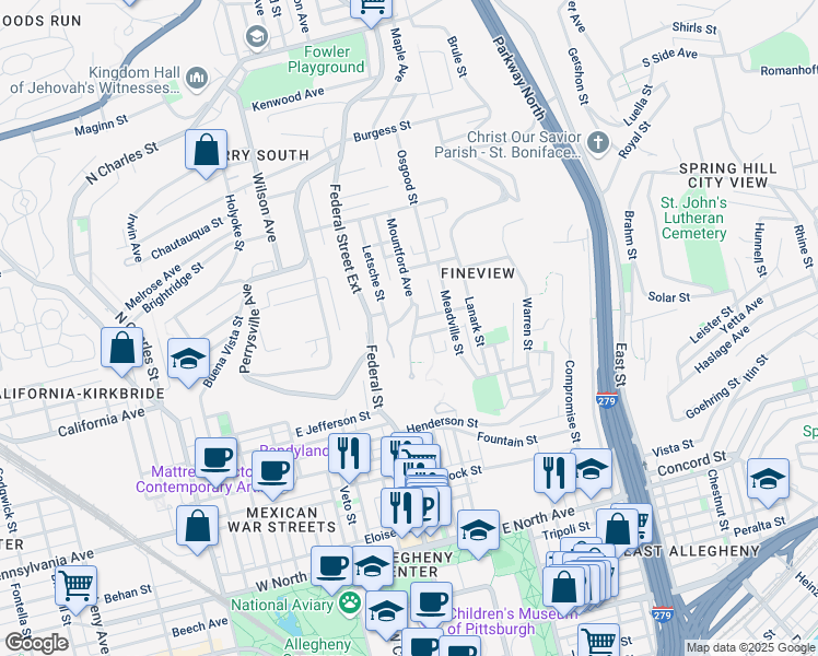 map of restaurants, bars, coffee shops, grocery stores, and more near 1909 Belleau Street in Pittsburgh
