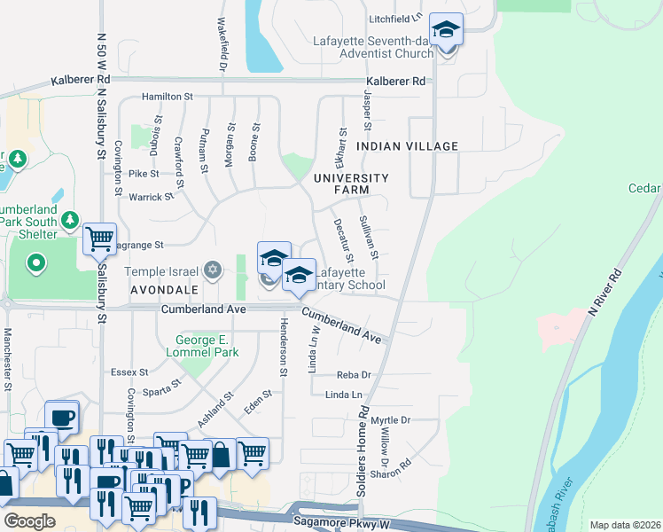 map of restaurants, bars, coffee shops, grocery stores, and more near 3051 Decatur St in West Lafayette