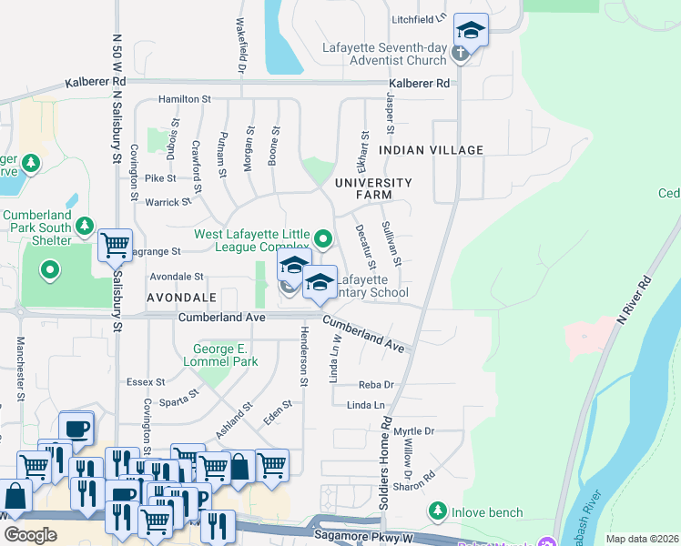 map of restaurants, bars, coffee shops, grocery stores, and more near 3064 Benton Street in West Lafayette