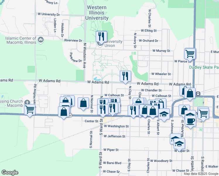 map of restaurants, bars, coffee shops, grocery stores, and more near 907 West Adams Road in Macomb