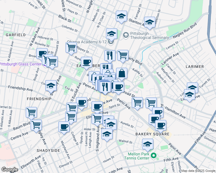 map of restaurants, bars, coffee shops, grocery stores, and more near 6066 Harvard Street in Pittsburgh