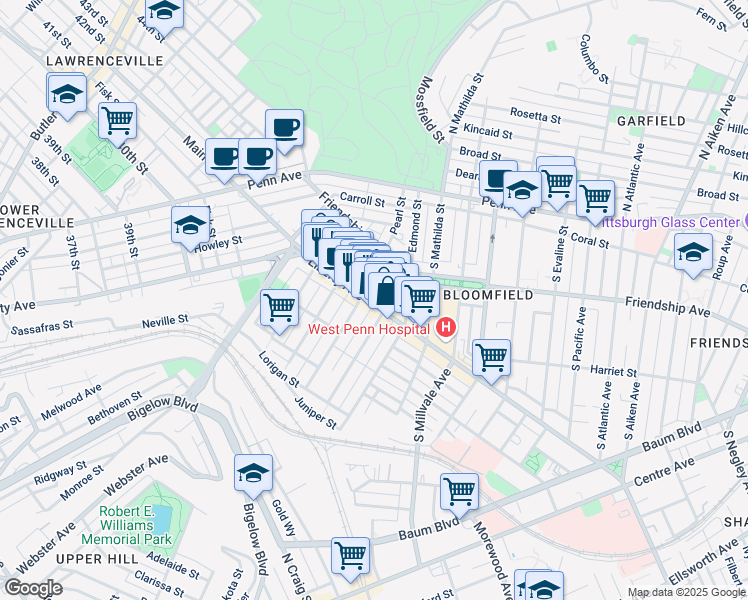 map of restaurants, bars, coffee shops, grocery stores, and more near 4623 Liberty Avenue in Pittsburgh