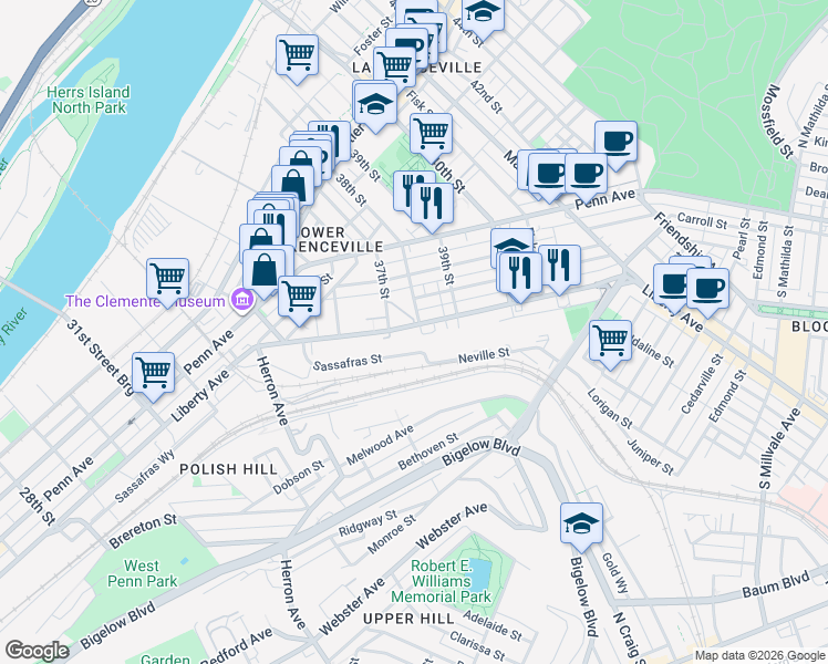 map of restaurants, bars, coffee shops, grocery stores, and more near 3730 Liberty Avenue in Pittsburgh