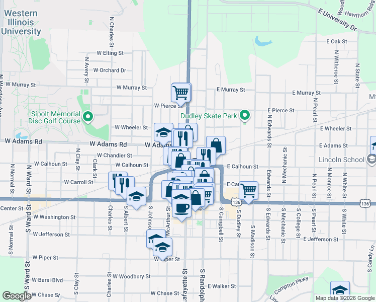 map of restaurants, bars, coffee shops, grocery stores, and more near 333 North Lafayette Street in Macomb