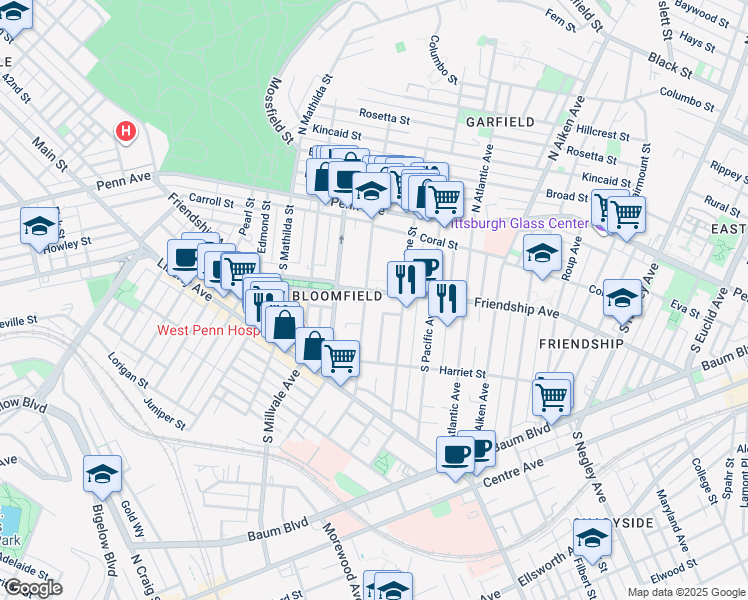 map of restaurants, bars, coffee shops, grocery stores, and more near 273 South Winebiddle Street in Pittsburgh