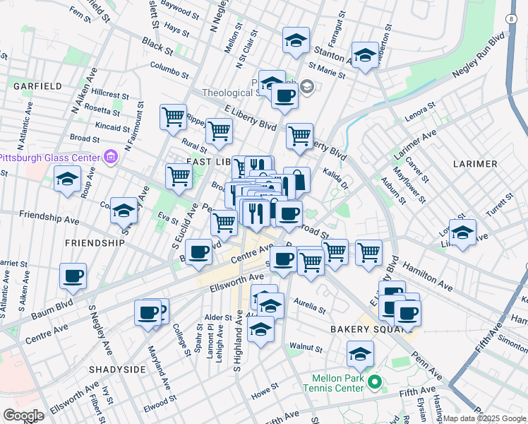 map of restaurants, bars, coffee shops, grocery stores, and more near 6020 Broad Street in Pittsburgh