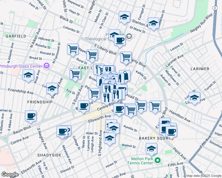 map of restaurants, bars, coffee shops, grocery stores, and more near 6020 Broad Street in Pittsburgh