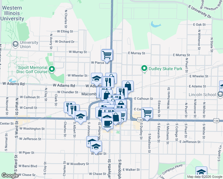 map of restaurants, bars, coffee shops, grocery stores, and more near 333 North Lafayette Street in Macomb