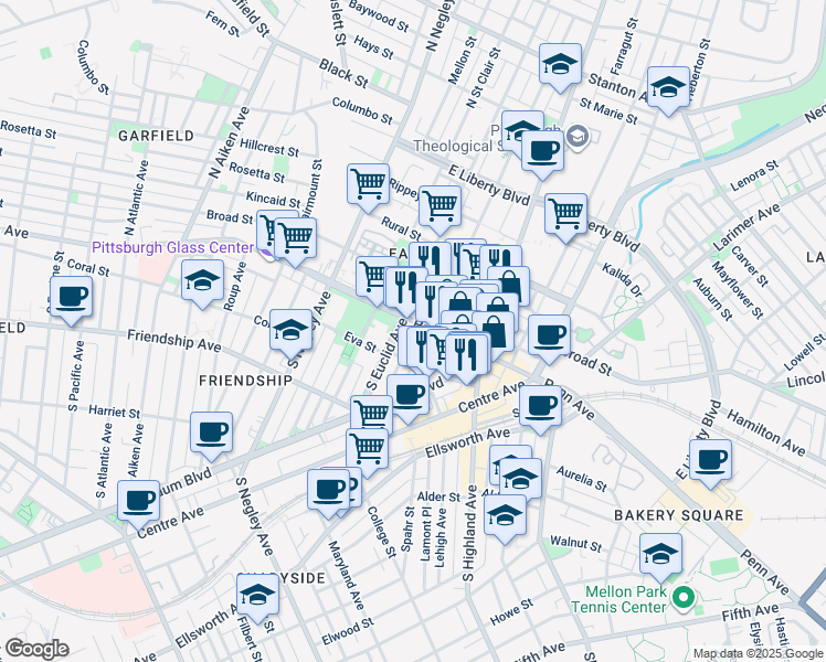 map of restaurants, bars, coffee shops, grocery stores, and more near 5807 Penn Avenue in Pittsburgh