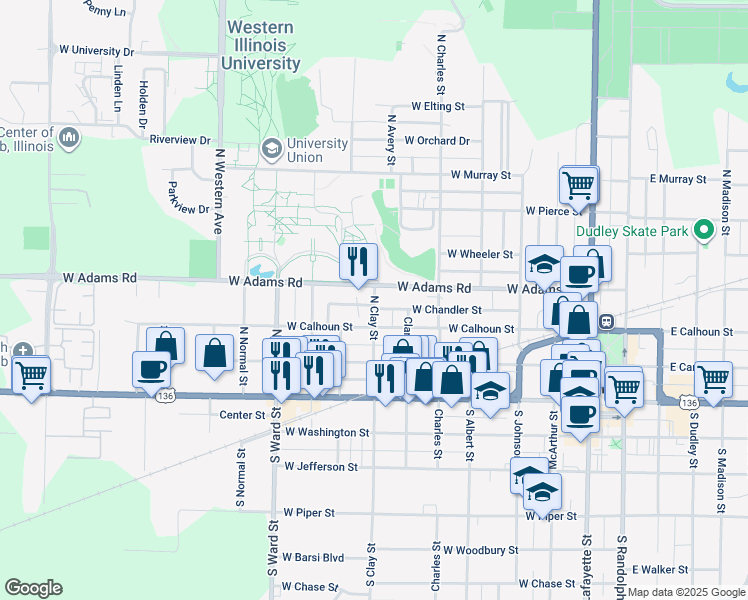 map of restaurants, bars, coffee shops, grocery stores, and more near 310 North Clay Street in Macomb