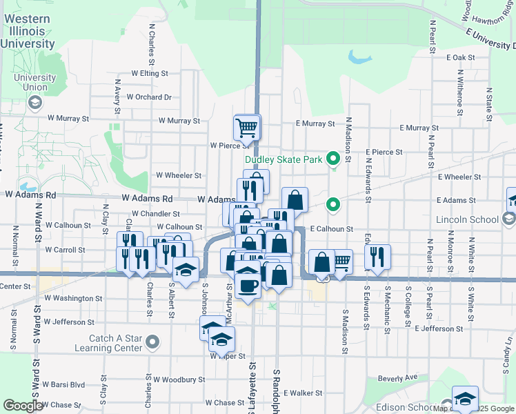 map of restaurants, bars, coffee shops, grocery stores, and more near 341 North Lafayette Street in Macomb