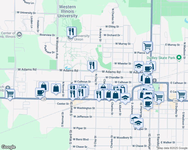 map of restaurants, bars, coffee shops, grocery stores, and more near 712 West Chandler Street in Macomb