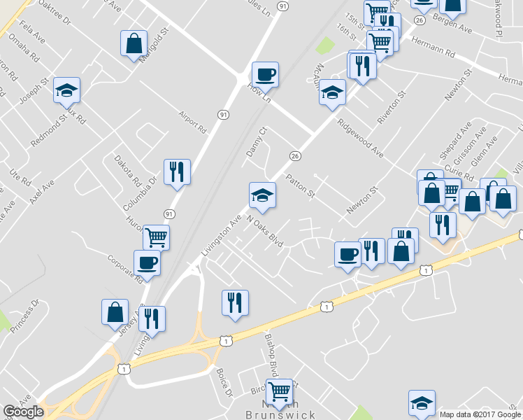 map of restaurants, bars, coffee shops, grocery stores, and more near 1330 Livingston Ave in North Brunswick