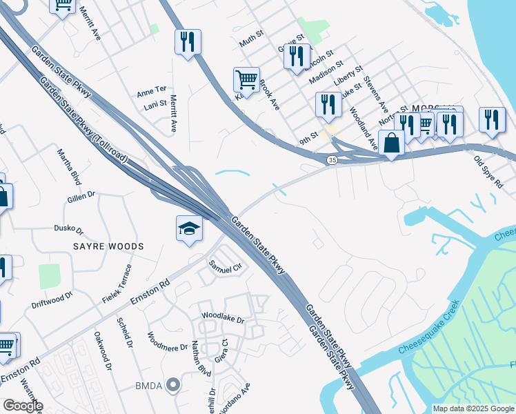 map of restaurants, bars, coffee shops, grocery stores, and more near in Sayreville