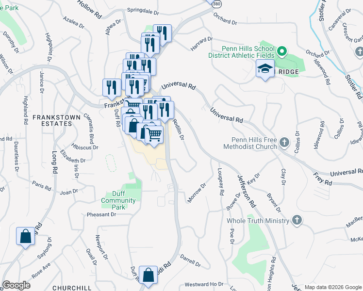 map of restaurants, bars, coffee shops, grocery stores, and more near 207 Rodilin Drive in Pittsburgh