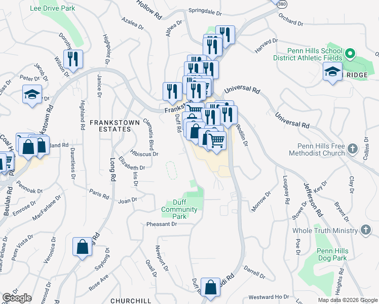 map of restaurants, bars, coffee shops, grocery stores, and more near 40 Federal Drive in Penn Hills