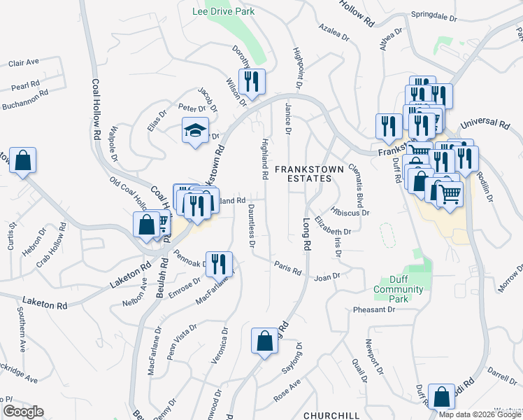 map of restaurants, bars, coffee shops, grocery stores, and more near 102 Dauntless Drive in Pittsburgh